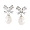 Ross-simons 8-9mm Cultured Pearl And . White Topaz Bow Drop Earrings In Sterling Silver In White