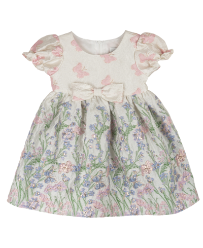 Rare Editions Baby Girls Short Sleeves Floral And Butterfly Brocade Social Dress In Taupe
