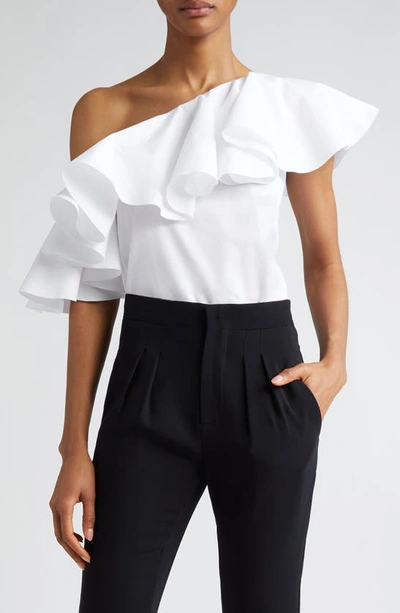 Giambattista Valli Asymmetric Ruffled Cotton Top In Elfenbein