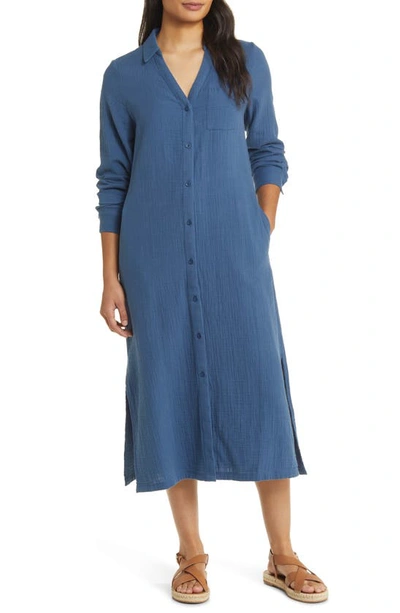 Caslon Cotton Gauze Long Sleeve Midi Shirtdress In Blue Ensign