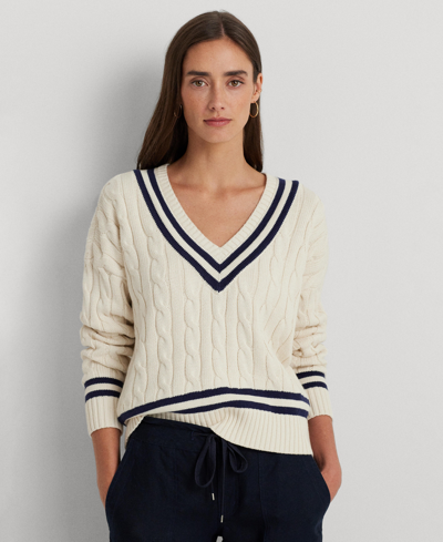 Lauren Ralph Lauren Petite Cable-knit Sweater In Mascarpone Cream,refined Navy
