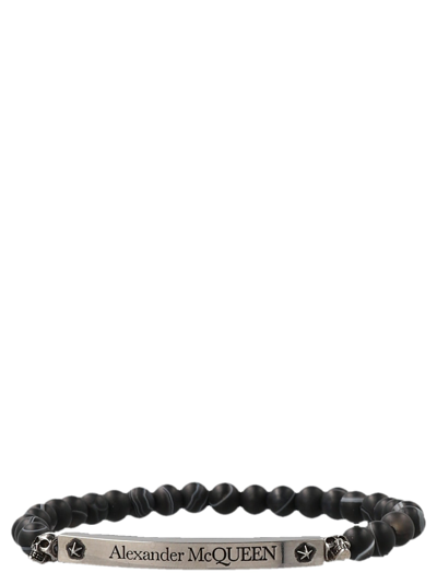 Alexander Mcqueen Skull & Agate Bead Stretch Bracelet In Black