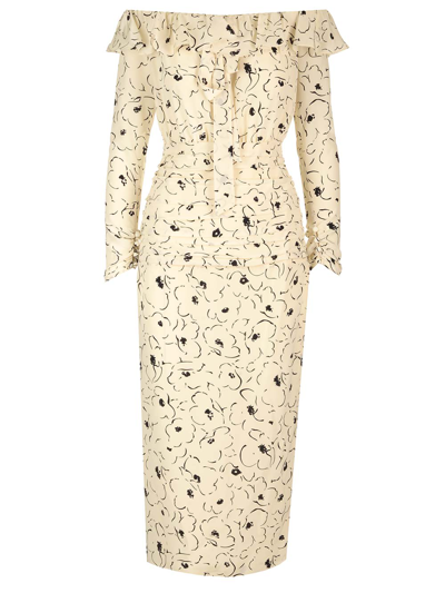 Alessandra Rich Off-the-shoulder Floral-print Silk Crepe De Chine Midi Dress In Multi