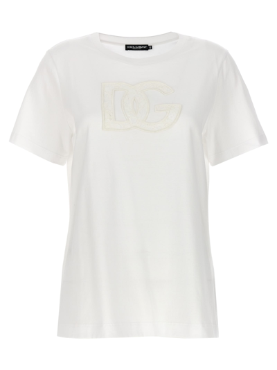 Dolce & Gabbana Dolce&gabbana White Crew Neck T Shirt With Logo Embroidery In Cotton In Neutral