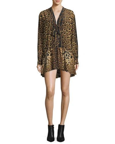 Saint Laurent Lavalliere Leopard-print Tie-neck Silk Dress