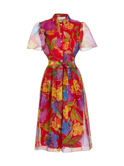 Carolina Herrera Floral Silk Midi Dress In Lacquer Red Multi