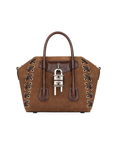 Givenchy Mini Antigona Lock Top-handle Bag In Suede With Corset Straps In Walnut Brown