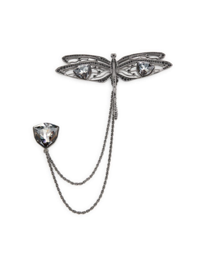 Alexander Mcqueen Men's Crystal-embellished Dragonfly Double Pin Brooch In Ruthenium Silver