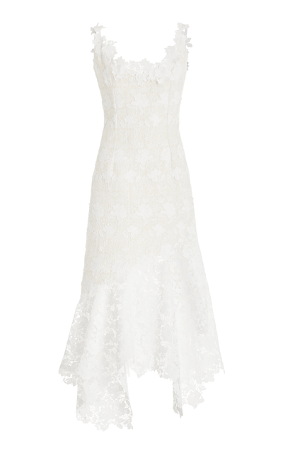 Oscar De La Renta Sleeveless Tweed And Guipure Midi Dress In Ivory/white