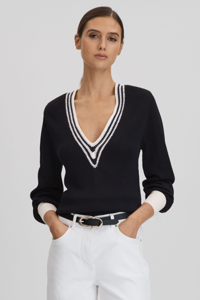 Reiss Tammy - Navy/white Crochet V-neck Jumper, L