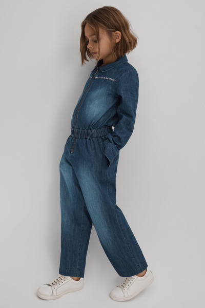 Reiss Marnie - Blue Teen Elasticated Embellished Denim Jumpsuit, Uk 13-14 Yrs