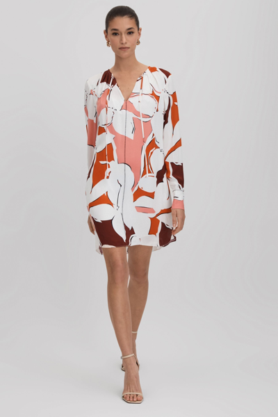 Reiss Tanya - Cream/red Printed Tie Neck Mini Dress, Us 8