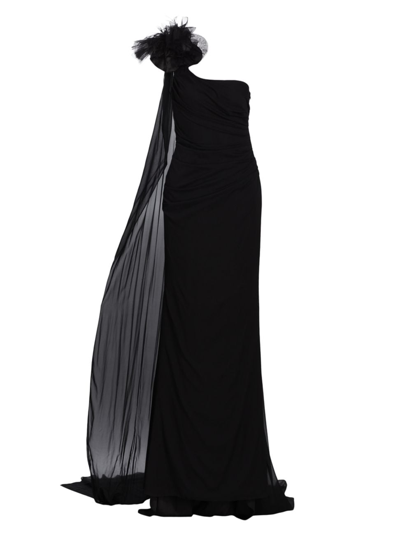 Pamella Roland Chiffon Draped One-shoulder Gown With Floral Detail In Black
