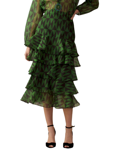 Cynthia Rowley Women's Geometric Silk Organza Midi Skirt In Black Green