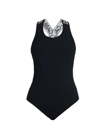 Dolce & Gabbana Black Swimsuit With Branded Criss-cross Straps In Stretch Polyamide Woman