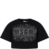 MSGM BLACK T-SHIRT FOR GIRL WITH LOGO AND STARS