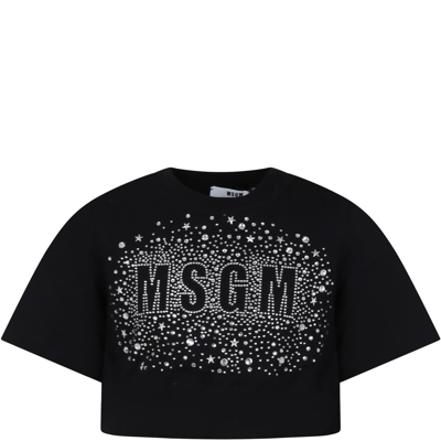 Msgm Kids' Black T-shirt For Girl With Logo And Stars
