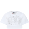 MSGM WHITE T-SHIRT FOR GIRL WITH LOGO AND STARS