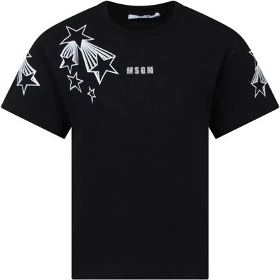Msgm Kids' Black T-shirt With Glitter Logo And Star Print