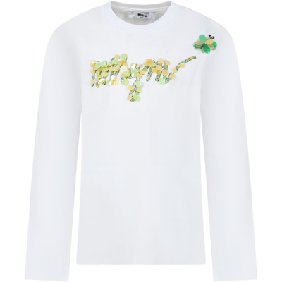 Msgm Kids' White T-shirt For Girl With Logo And Sequins