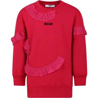 Msgm Kids' Fuchsia Maxi Sweatshirt For Girl With Ruffles And Logo