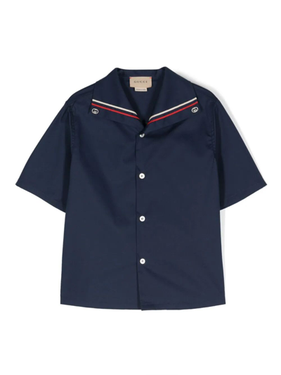 Gucci Kids' Blue Shirt For Boy With Double G In Urban Blue