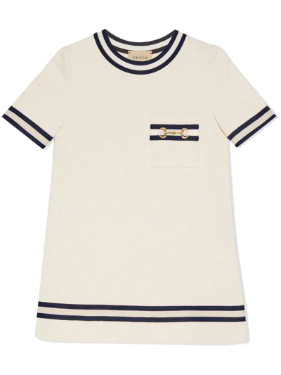 Gucci Kids' Striped-trim Horsebit-embellished Cotton Dress 4-12 Years In Neutrals