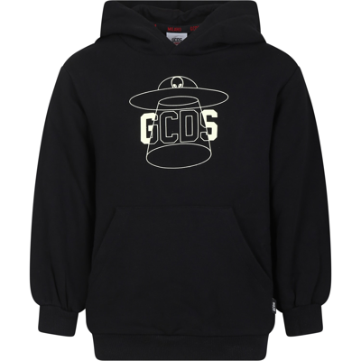 Gcds Mini Black Sweatshirt For Kids With Alien Print And Logo