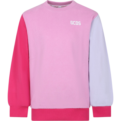 Gcds Mini Kids' Pink Sweatshirt For Girl With Logo In Multicolor