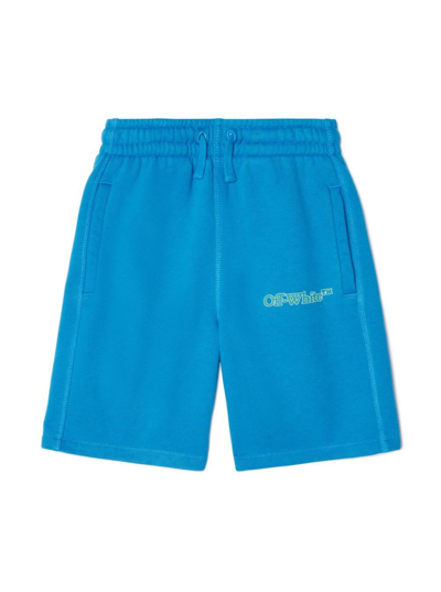 Off-white Kids' Big Bookish Cotton Track Shorts In Methyl Blue Green