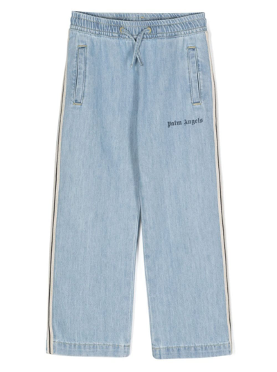 Palm Angels Kids' Chambray Cotton Trousers In Blue Blue