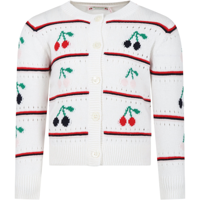 Bonpoint Kids' White Cardigan For Girl With Embroidered Cherries And Multicolored Bands In Upb Blanc Lait