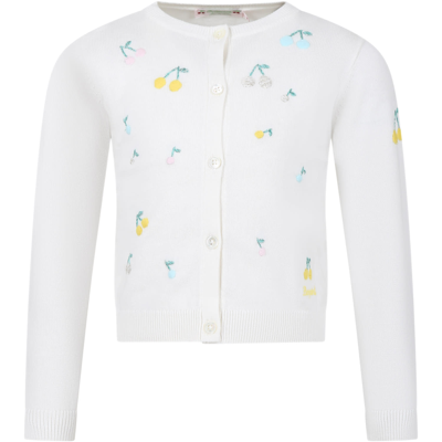 Bonpoint Kids' White Cardigan For Girl With Multicolored Cherries Embroidered All-over