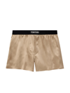 Tom Ford Velvet-trimmed Stretch-silk Satin Boxer Shorts In Beige