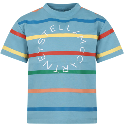 Stella Mccartney Light Blue T-shirt For Kids With Logo And Multicolor Stripes