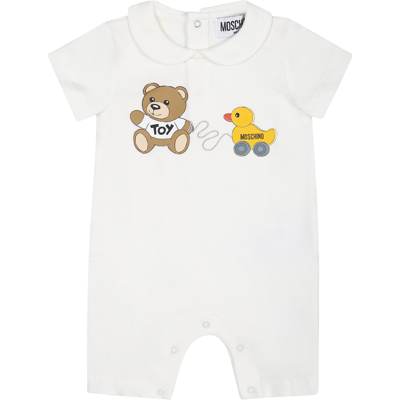 Moschino Ivory Romper For Babykids With Teddy Bear And Duck