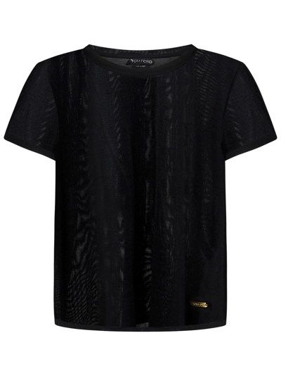 Tom Ford Sheer Silk T-shirt With Gold Logo Plaque In Black
