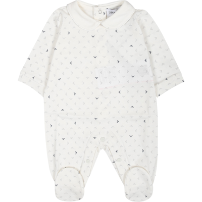 Armani Collezioni Ivory Playsuit For Baby Boy With All-over Eagle Logo