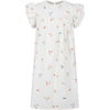 BONPOINT WHITE DRESS FOR GIRL WITH ALL-OVER CHERRY AND MULTICOLOR FLOWER EMBROIDERY