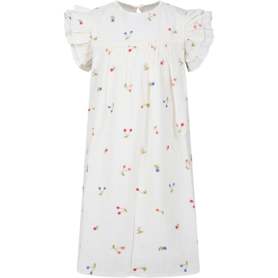 Bonpoint Kids' White Dress For Girl With All-over Cherry And Multicolor Flower Embroidery