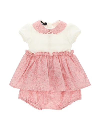 Versace Babies' Barocco Logo Dress + Culotte In Pink