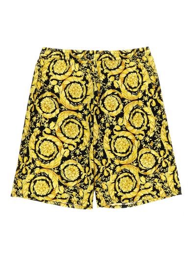 Versace Teen Boys Black & Gold Barocco Cotton Shorts In Multicolor