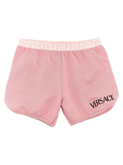 Versace Kids' Rhinestone-logo Cotton Shorts In Pink