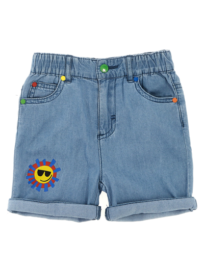 Stella Mccartney Denim Shorts For Baby Boy With Multicolor Sun In Light Blue