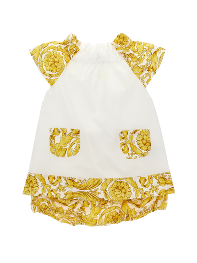 Versace Baby White & Gold Barocco Dress & Bloomers In Bianco+oro