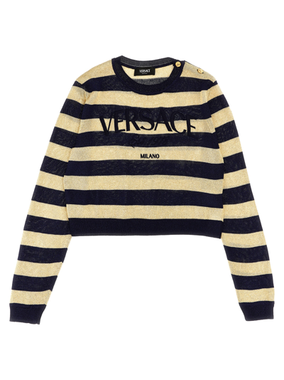 Versace Kids' Logo刺绣条纹毛衣 In Blue