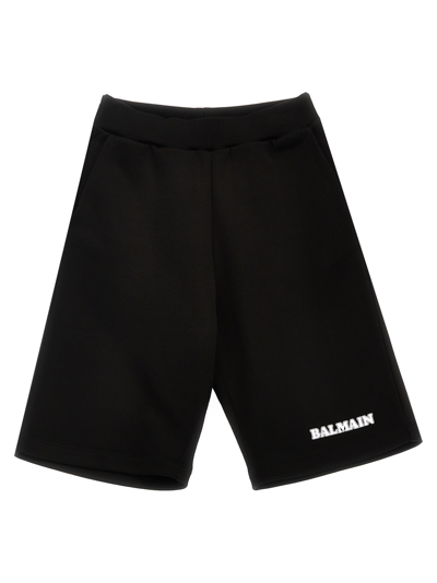 Balmain Kids' Logo印花棉短裤 In Nero