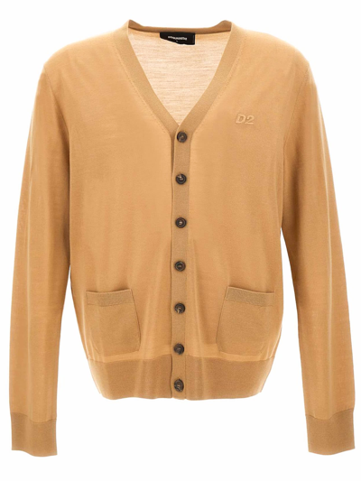 Dsquared2 Crew-neck Wool Tricot Cardigan In Beige