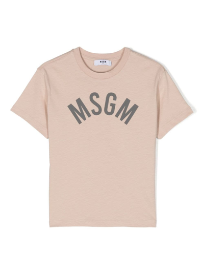 Msgm Kids' T-shirt Con Con Logo In Beige