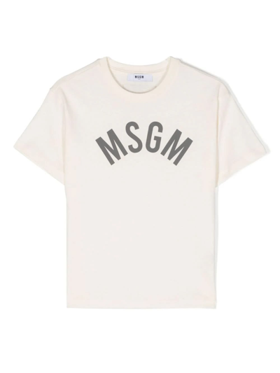 Msgm Kids' Logo Print Cotton T-shirt In Crema